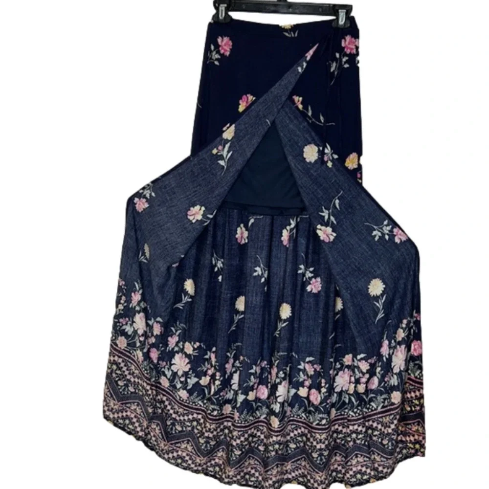 Blue Rain Navy With Pink & Yellow Flowers Faux Wrap Maxi Skirt - Size Medium
